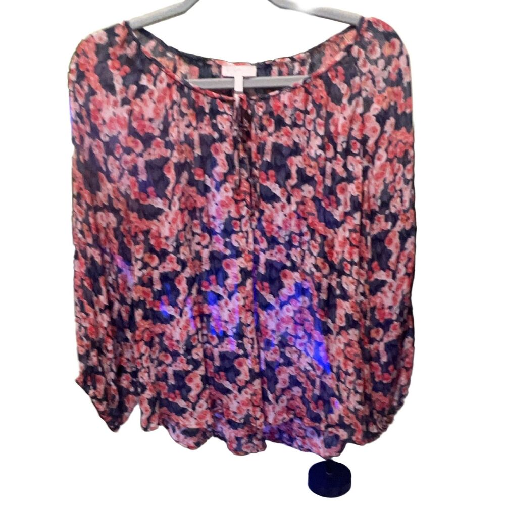 Joie Floral Silk Blouse 1892-T2168 S Navy Pink Red Sheer Tie-Neck Long Sleeve